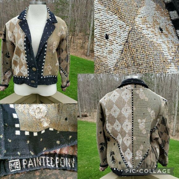 Vtg Painted Pony Women Tapestry Jacket Small Medium Black Tan White Flower Coat - Picture 1 of 11